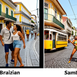 **

A split-screen image. On one side, a vibrant street scene in Rio de Janeiro, Brazil, with people dancing Samba. On the other side, a charming, old street in Lisbon, Portugal, with a classic yellow tram. Caption: "Brazilian vs. Portuguese Accents: Which Will You Conquer First?"

**