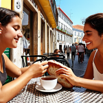 **A lively outdoor cafe scene in Lisbon, Portugal. People are enjoying coffee and "pão" (bread). Focus on the sound of Portuguese being spoken, with visual cues emphasizing nasal vowels and soft consonant sounds. Include subtle elements of "saudade" in the atmosphere – a melancholic yet beautiful mood.**