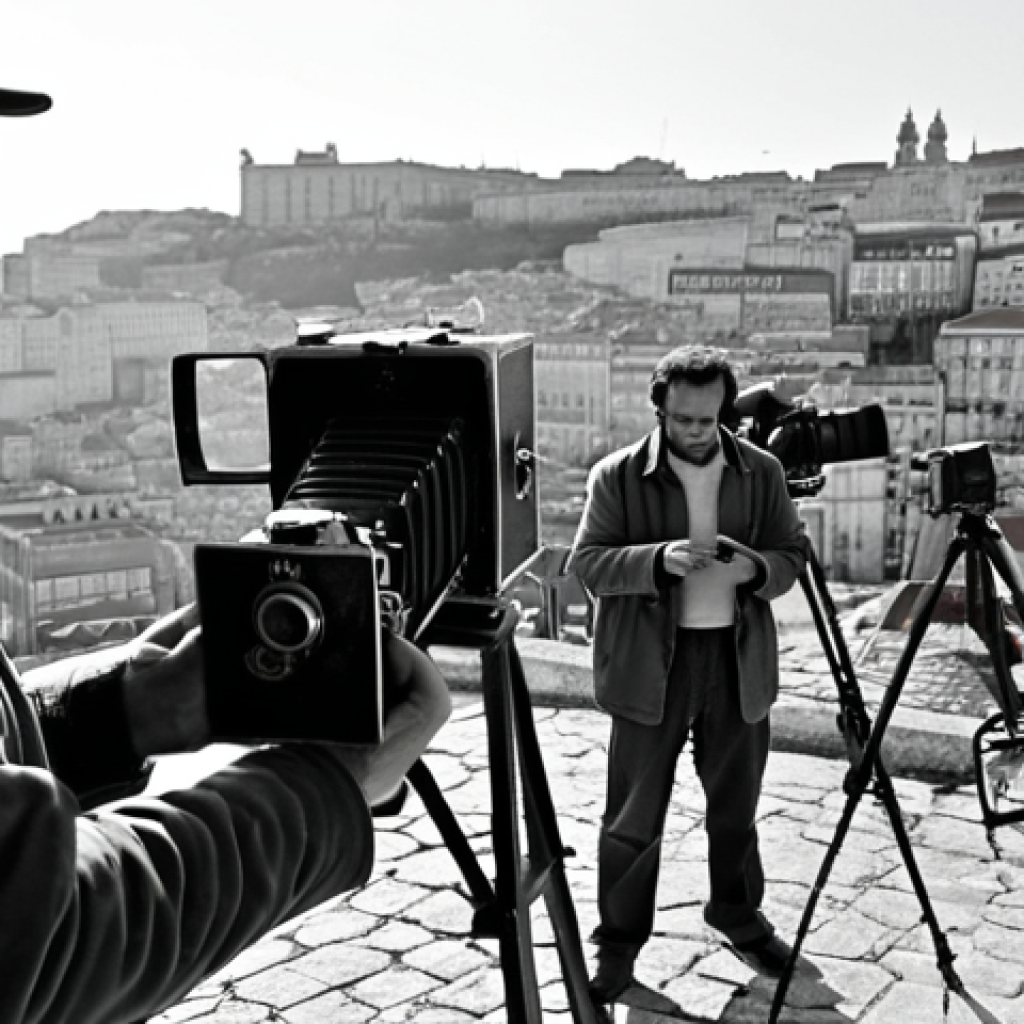 **

*   **Prompt:** Manoel de Oliveira directing on set, film crew, classic Portuguese cinema, black and white, thoughtful expression, vintage camera, Lisbon backdrop.

**