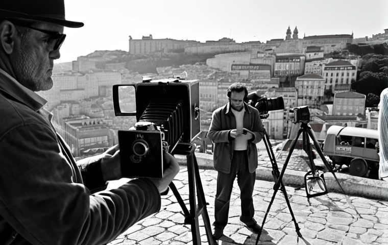 **
* **Prompt:** Manoel de Oliveira directing on set, film crew, classic Portuguese cinema, black and white, thoughtful expression, vintage camera, Lisbon backdrop.
**