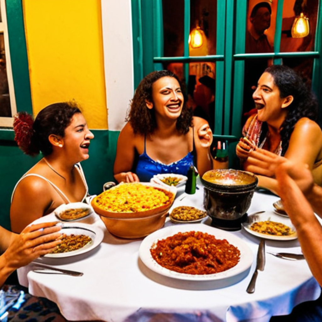 A vibrant, expressive scene depicting cultural immersion and genuine connection between people in Portugal and Brazil. On one side, a group enjoying Fado music in a cozy Lisbon café, with warm, dim lighting and a melancholic yet passionate singer on stage. On the other side, a lively street scene from Brazil, full of energetic colors, with people joyfully dancing samba during Carnaval. In the center, a diverse group of friends of different ages are gathered around a table, sharing traditional Portuguese Bacalhau à Brás and Brazilian Feijoada, laughing and interacting warmly. The atmosphere should be inviting and full of camaraderie, emphasizing the joy of shared experiences through music, food, and celebration. High detail, realistic, cinematic lighting.
