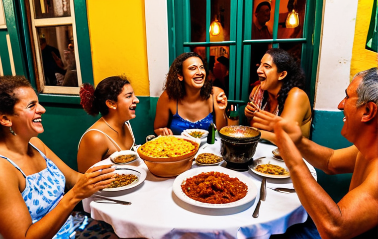 A vibrant, expressive scene depicting cultural immersion and genuine connection between people in Portugal and Brazil. On one side, a group enjoying Fado music in a cozy Lisbon café, with warm, dim lighting and a melancholic yet passionate singer on stage. On the other side, a lively street scene from Brazil, full of energetic colors, with people joyfully dancing samba during Carnaval. In the center, a diverse group of friends of different ages are gathered around a table, sharing traditional Portuguese Bacalhau à Brás and Brazilian Feijoada, laughing and interacting warmly. The atmosphere should be inviting and full of camaraderie, emphasizing the joy of shared experiences through music, food, and celebration. High detail, realistic, cinematic lighting.