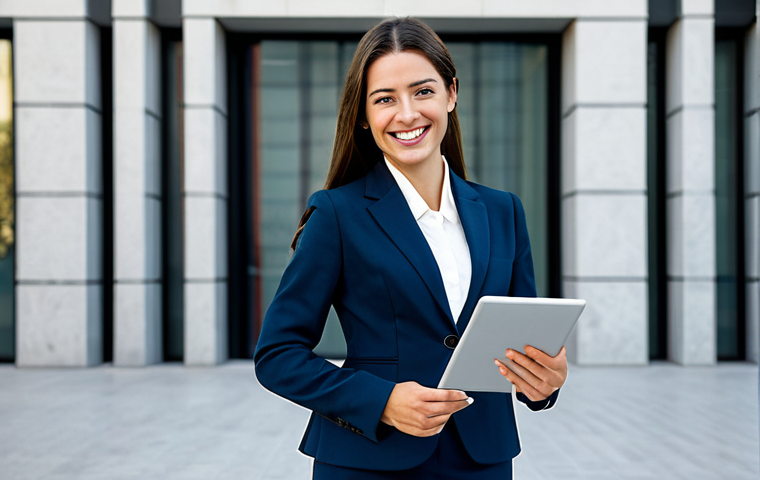 Business Professional**

"A confident businesswoman in a tailored, modest business suit, standing in front of a modern office building in Madrid. She is holding a tablet and smiling slightly.  Fully clothed, appropriate attire, safe for work, perfect anatomy, natural pose, professional photography, high quality."

**