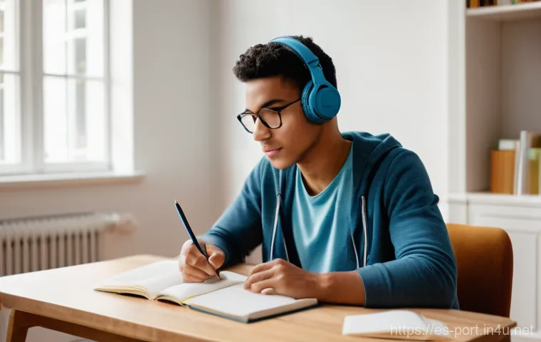 포르투갈어 DIPLE 시험 - **"Immersive Reading and Structured Writing for DIPLE B2"**: A focused student (early twenties) is d...