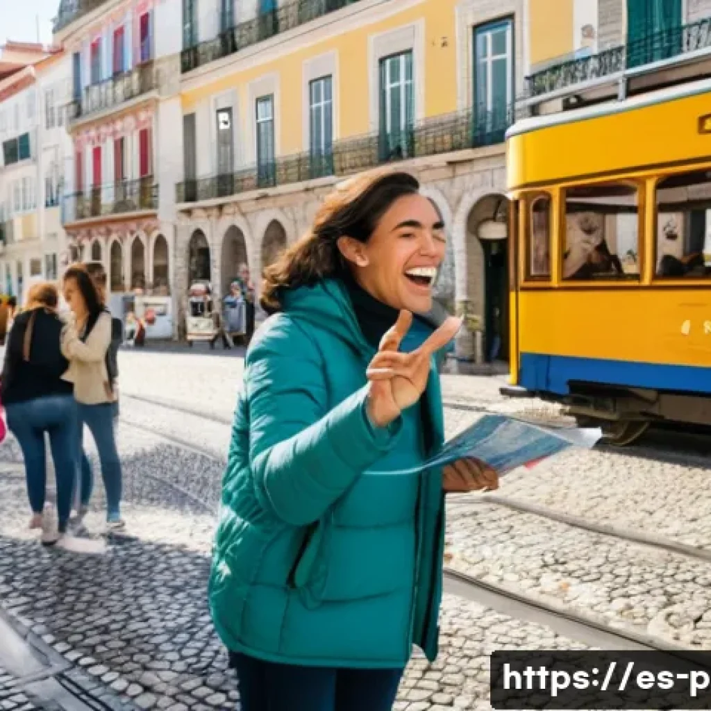 포르투갈어 여행 필수 표현 - A friendly Spanish-speaking tourist woman asking for directions on a busy Lisbon street, confidently...