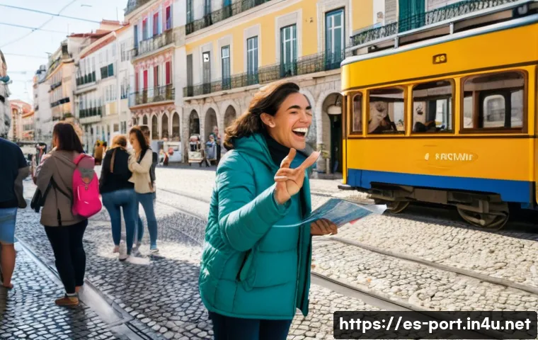 포르투갈어 여행 필수 표현 - A friendly Spanish-speaking tourist woman asking for directions on a busy Lisbon street, confidently...