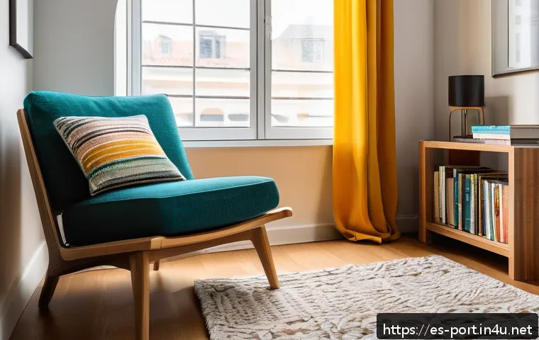 포르투갈어 원서 읽기 방법 - A cozy reading nook in a modern apartment, featuring a comfortable armchair with a colorful throw bl...