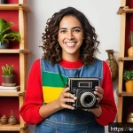 Home 21 포르투갈어 유튜브 채널 추천 - A vibrant YouTube content creator studio scene featuring a cheerful native Portuguese-speaking woman...