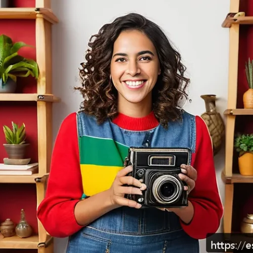 Home 33 포르투갈어 유튜브 채널 추천 - A vibrant YouTube content creator studio scene featuring a cheerful native Portuguese-speaking woman...