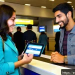Home 20 포르투갈어 공항에서 유용한 표현 - A busy international airport check-in counter scene focused on a young Hispanic traveler politely gr...