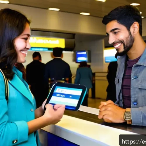 Home 32 포르투갈어 공항에서 유용한 표현 - A busy international airport check-in counter scene focused on a young Hispanic traveler politely gr...