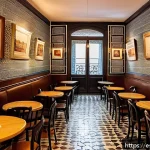 Home 18 포르투갈어 커피 문화 - A cozy traditional Portuguese café interior in Lisbon, featuring rustic wooden tables and chairs, ti...