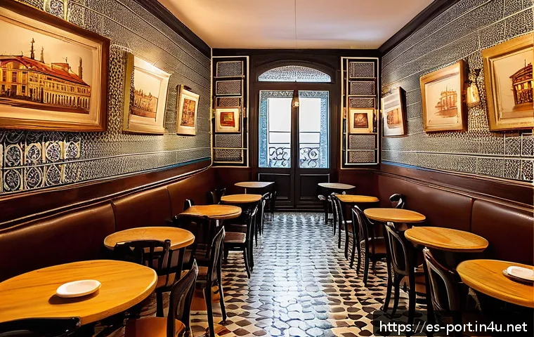 포르투갈어 커피 문화 - A cozy traditional Portuguese caf&eacute; interior in Lisbon, featuring rustic wooden tables and chairs, ti...
