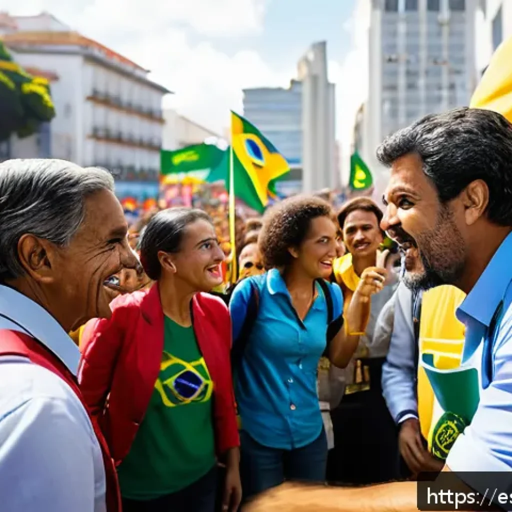 포르투갈어 정치 및 경제 용어 - A dynamic political scene in Brazil featuring diverse political leaders engaging with citizens in a ...