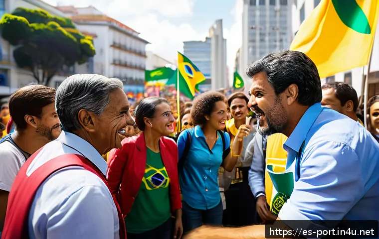 포르투갈어 정치 및 경제 용어 - A dynamic political scene in Brazil featuring diverse political leaders engaging with citizens in a ...
